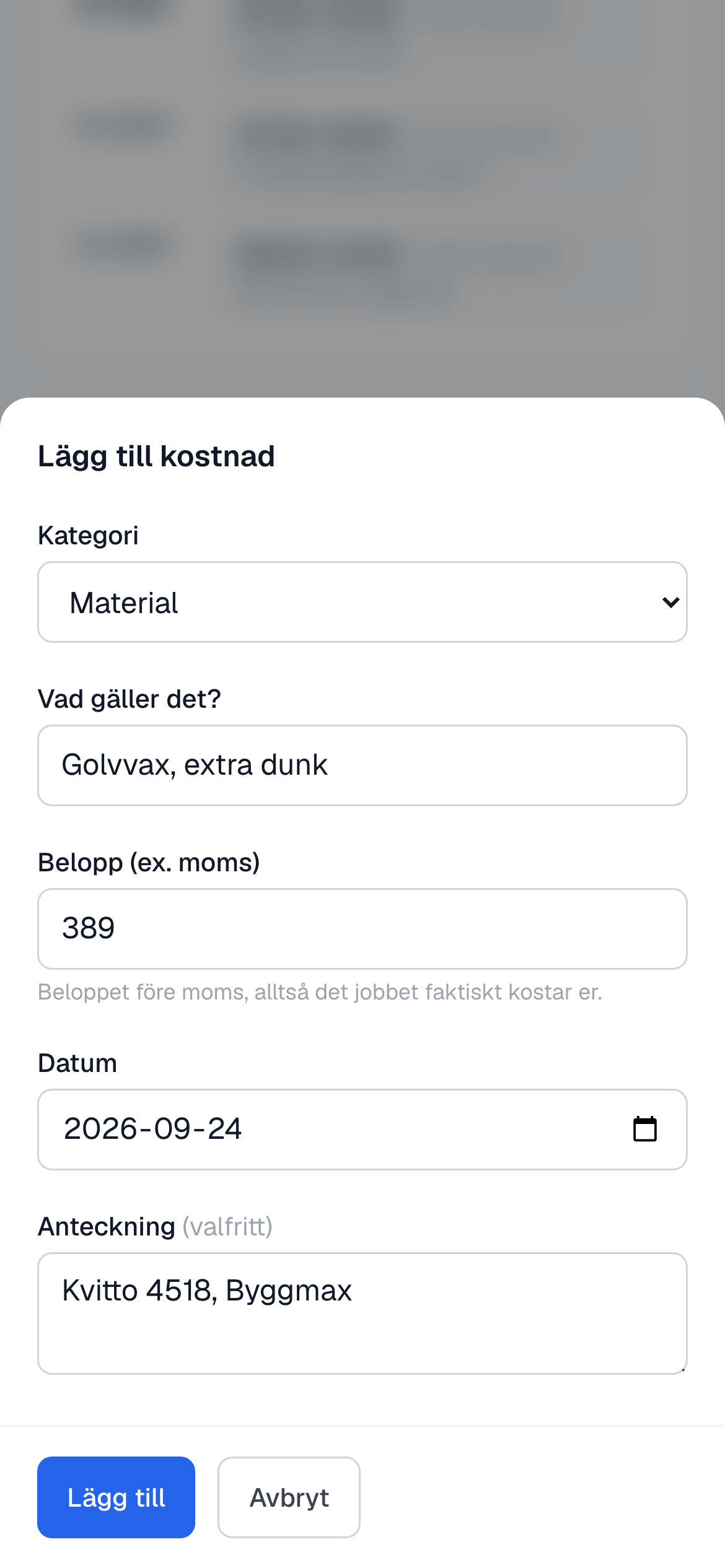 Formuläret Lägg till kostnad i mobilen med kategori, beskrivning och belopp