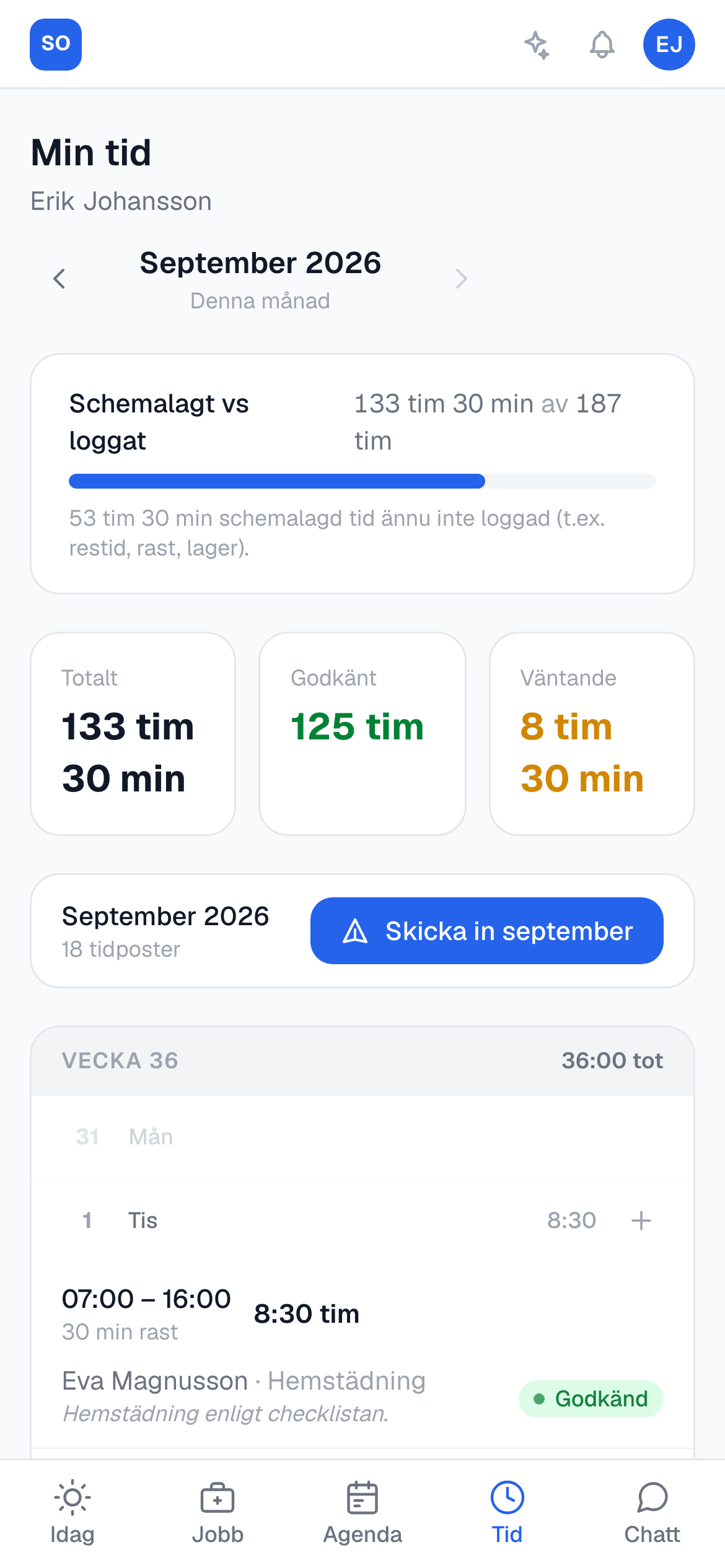 Min tid i mobilen med månadens totaler och veckans tidposter