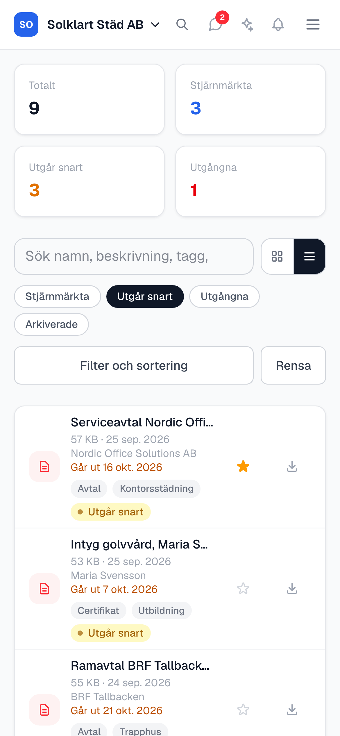 Dokument som går ut inom 30 dagar, i mobilen
