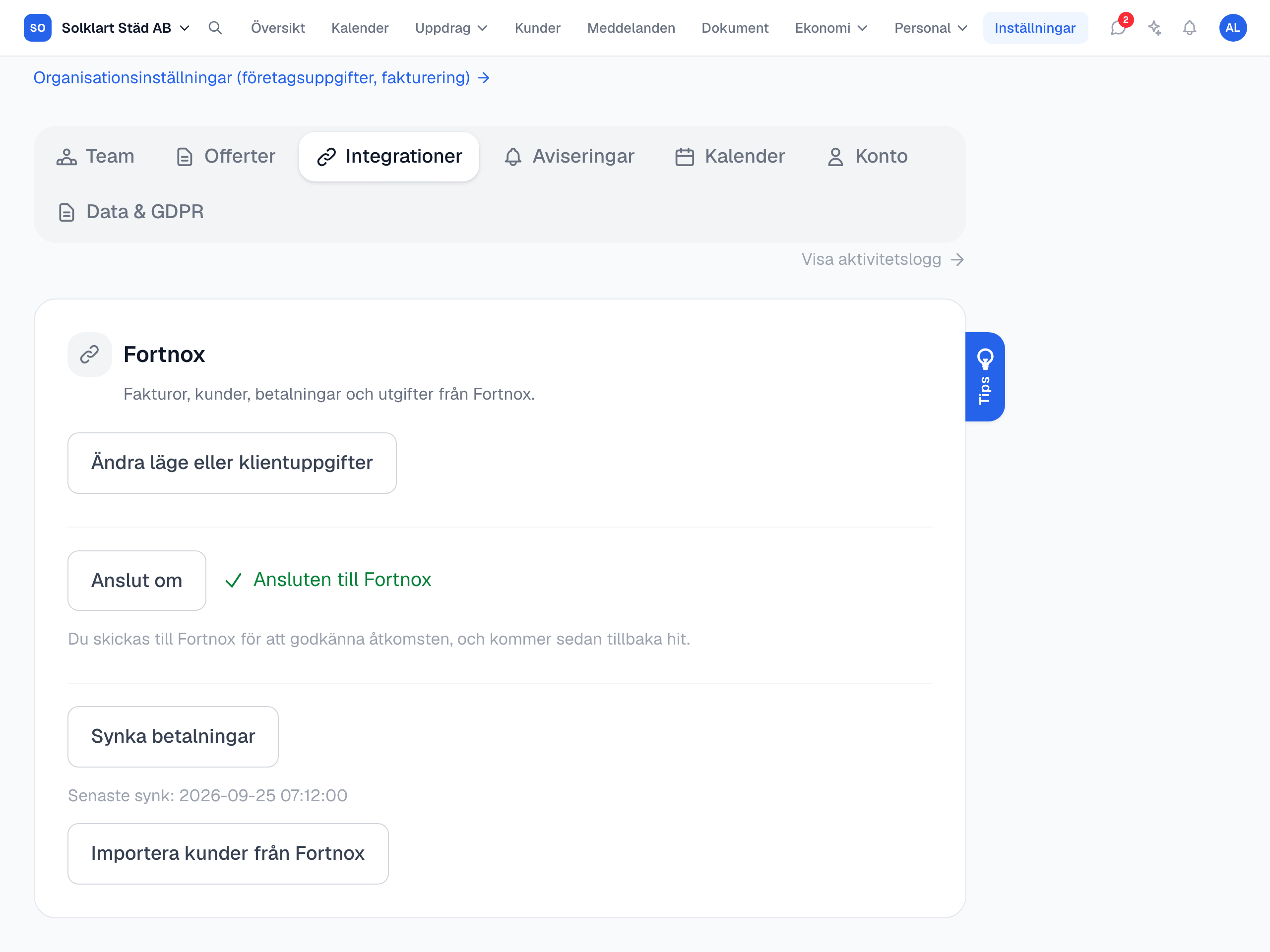 Fortnox under Integrationer i Controllen, ansluten, med knappen Synka betalningar