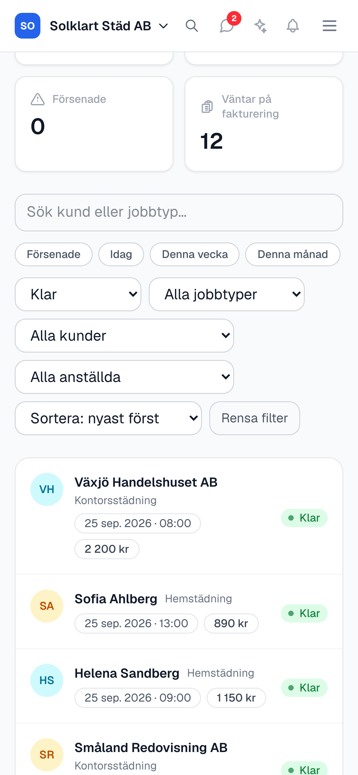 Jobblistan i mobilen med rutan Väntar på fakturering