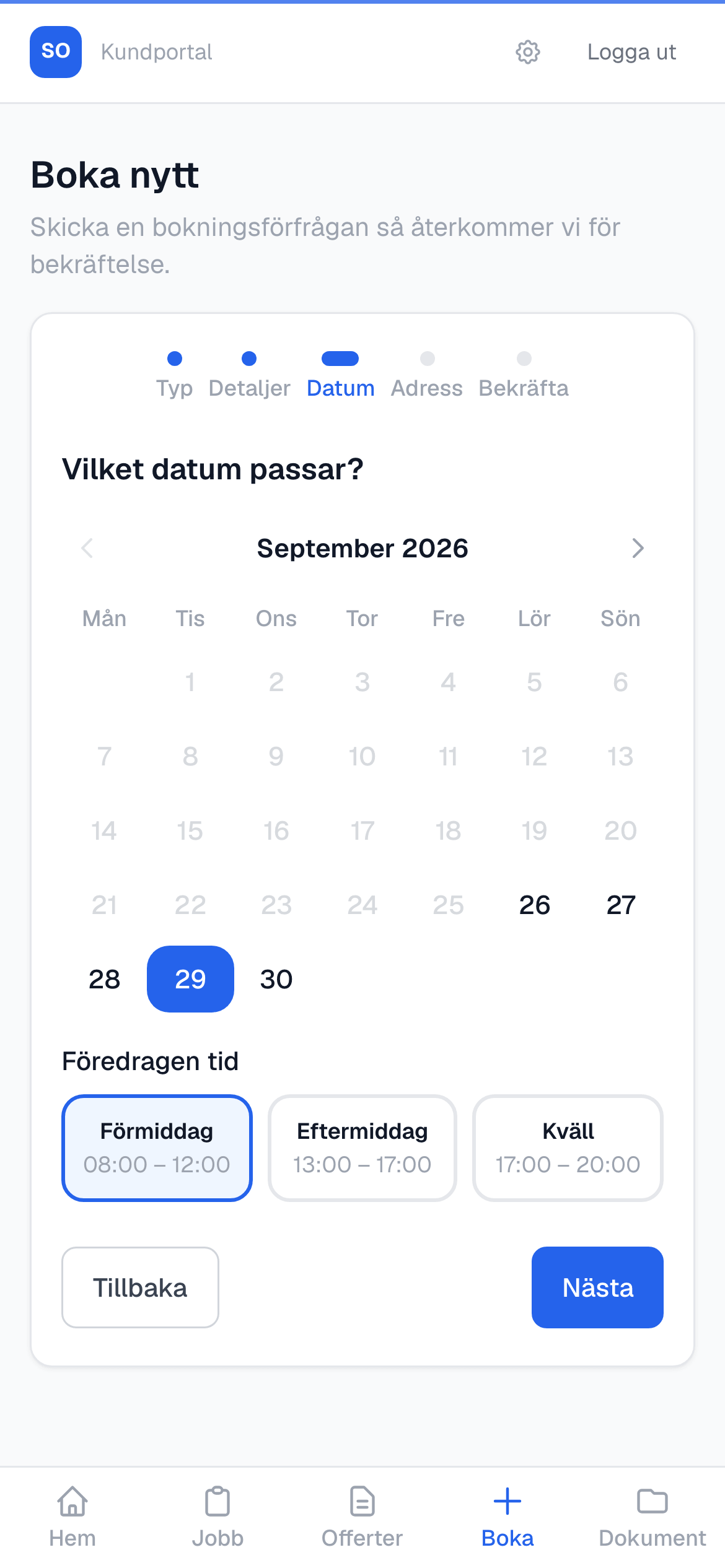 Kundportalen i mobilen där kunden väljer datum och förmiddag, eftermiddag eller kväll