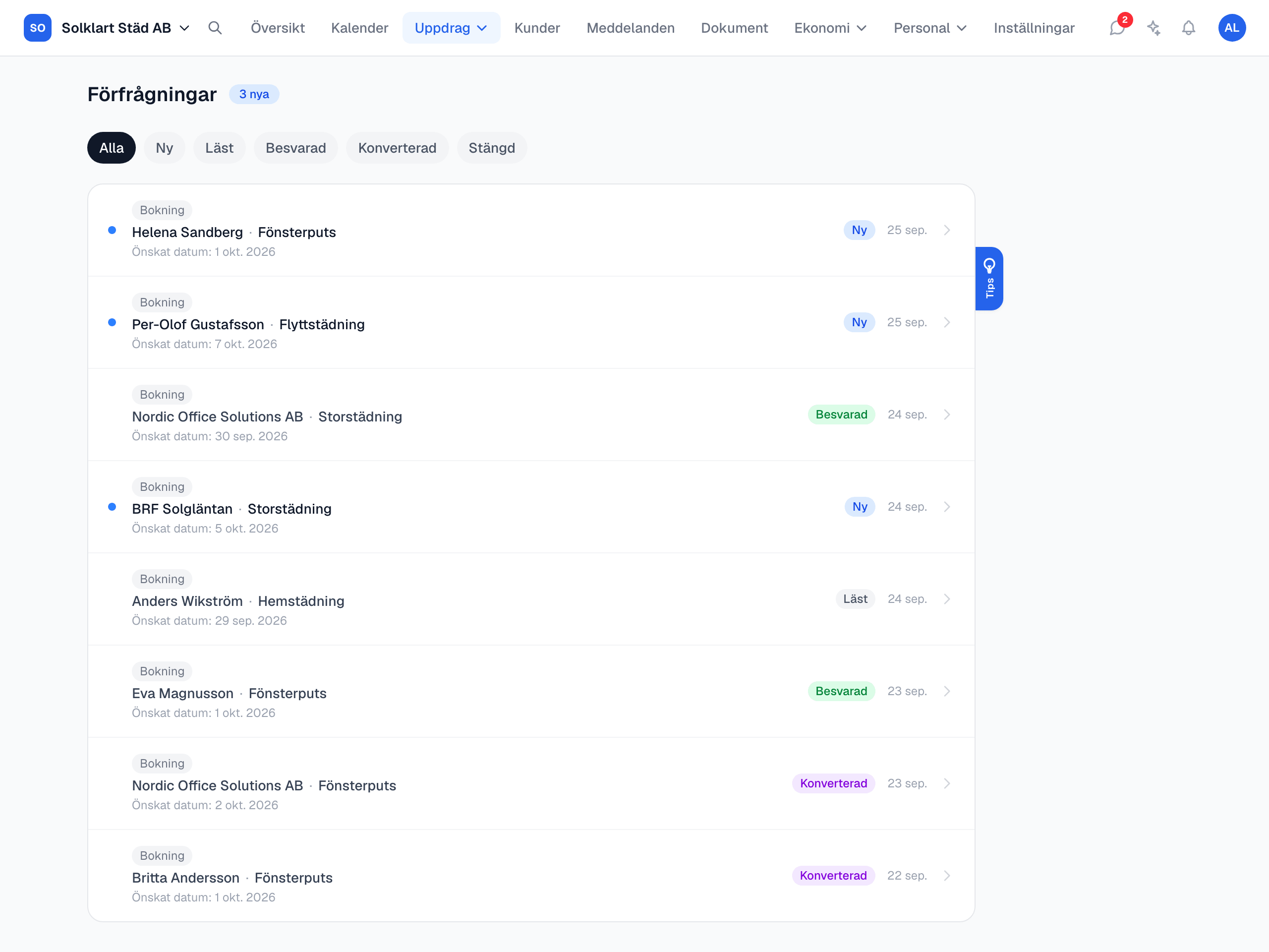 Listan Förfrågningar i Controllen med nya bokningar överst och statusfilter