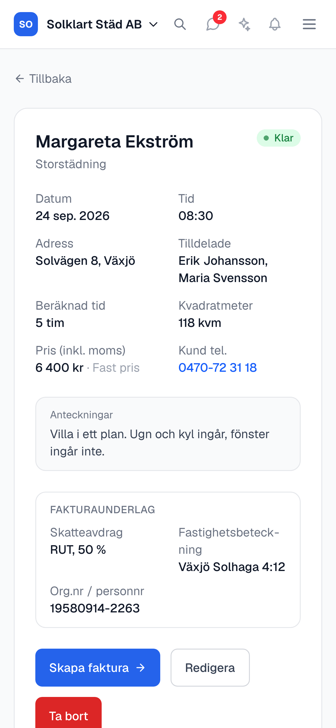 Ett slutfört jobb i mobilen med RUT-underlag ifyllt och knappen Skapa faktura