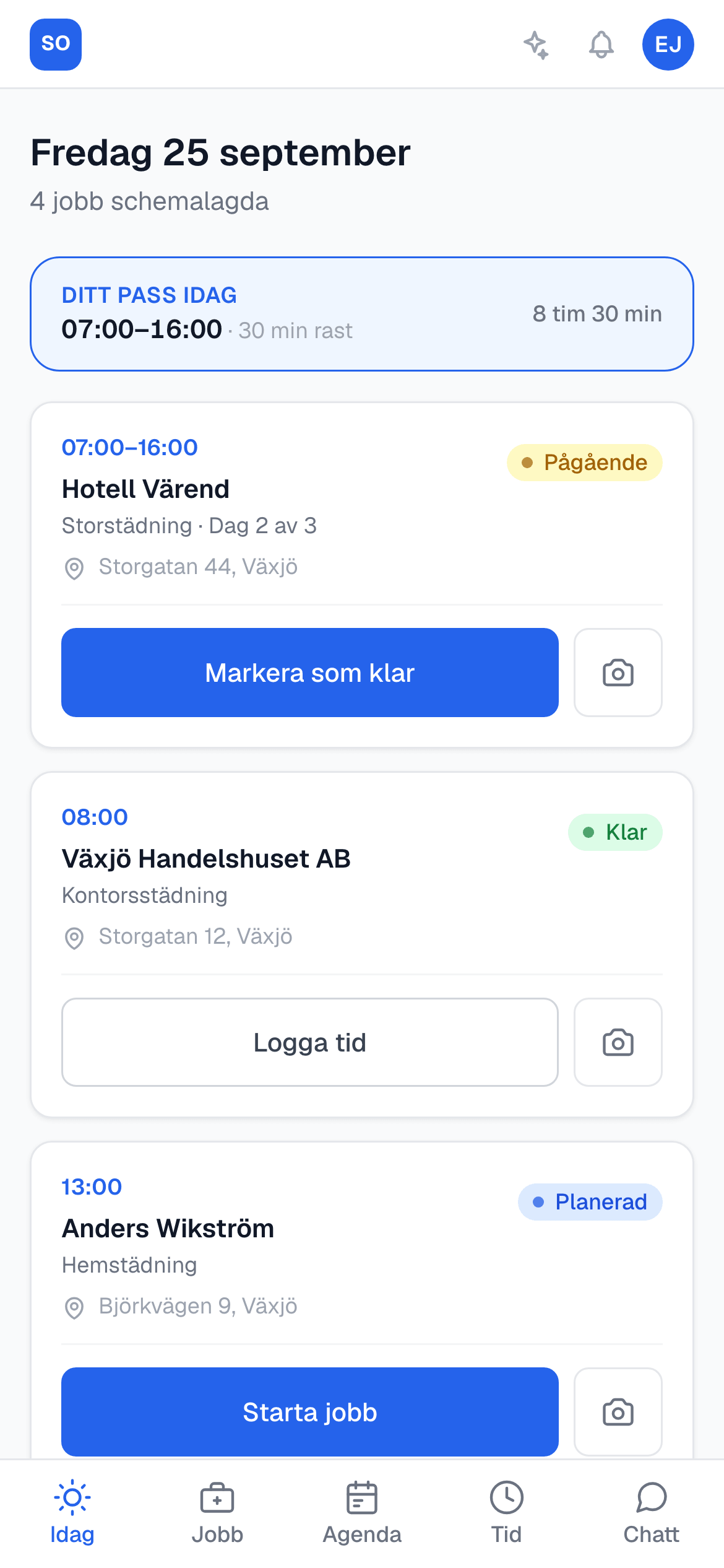 Fältarbetarens Idag-vy i mobilen med dagens jobb och knappen Starta jobb