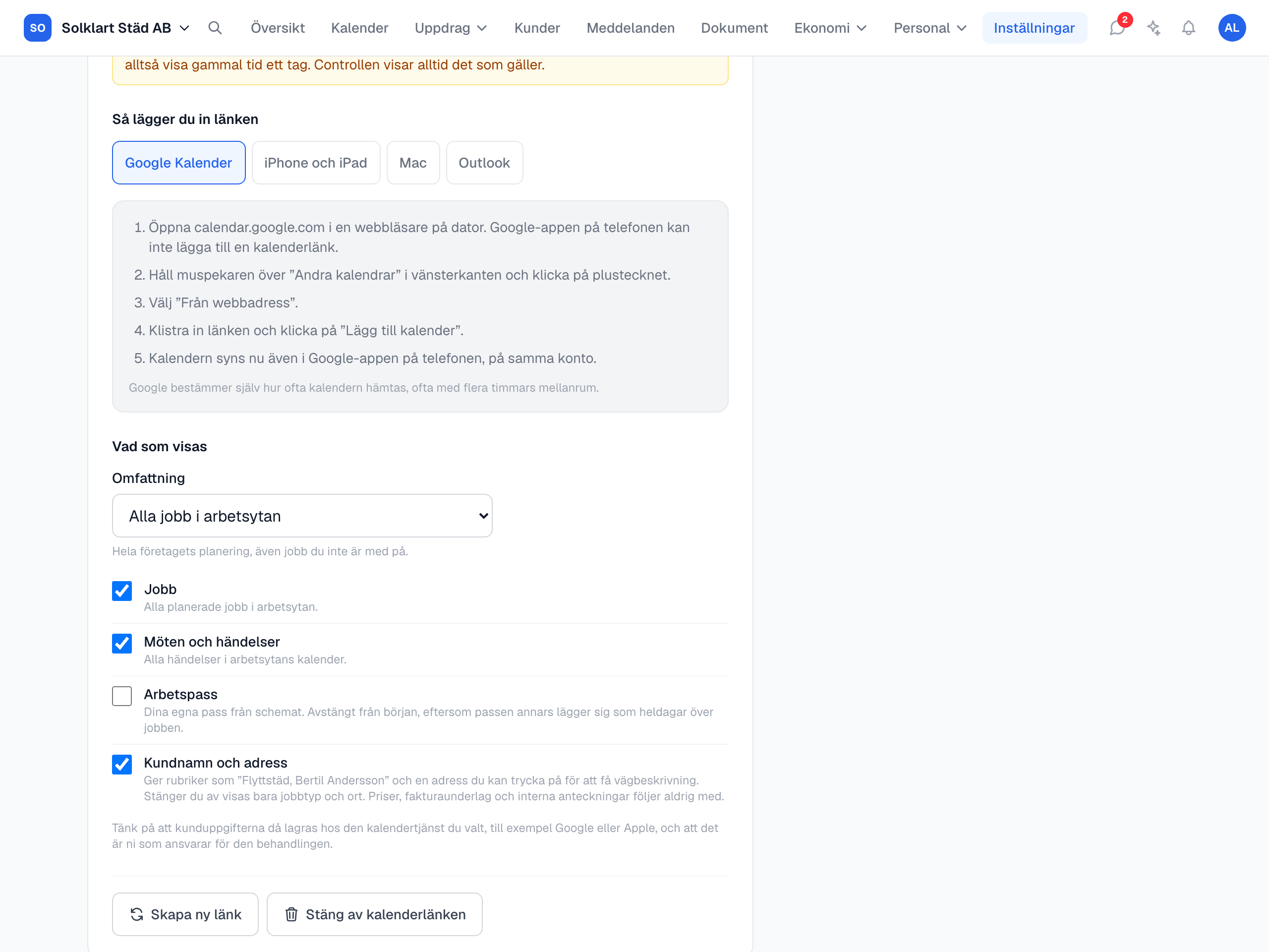Inställningen Koppla till din egen kalender med val för jobb, möten och arbetspass och instruktioner för Google, Apple och Outlook