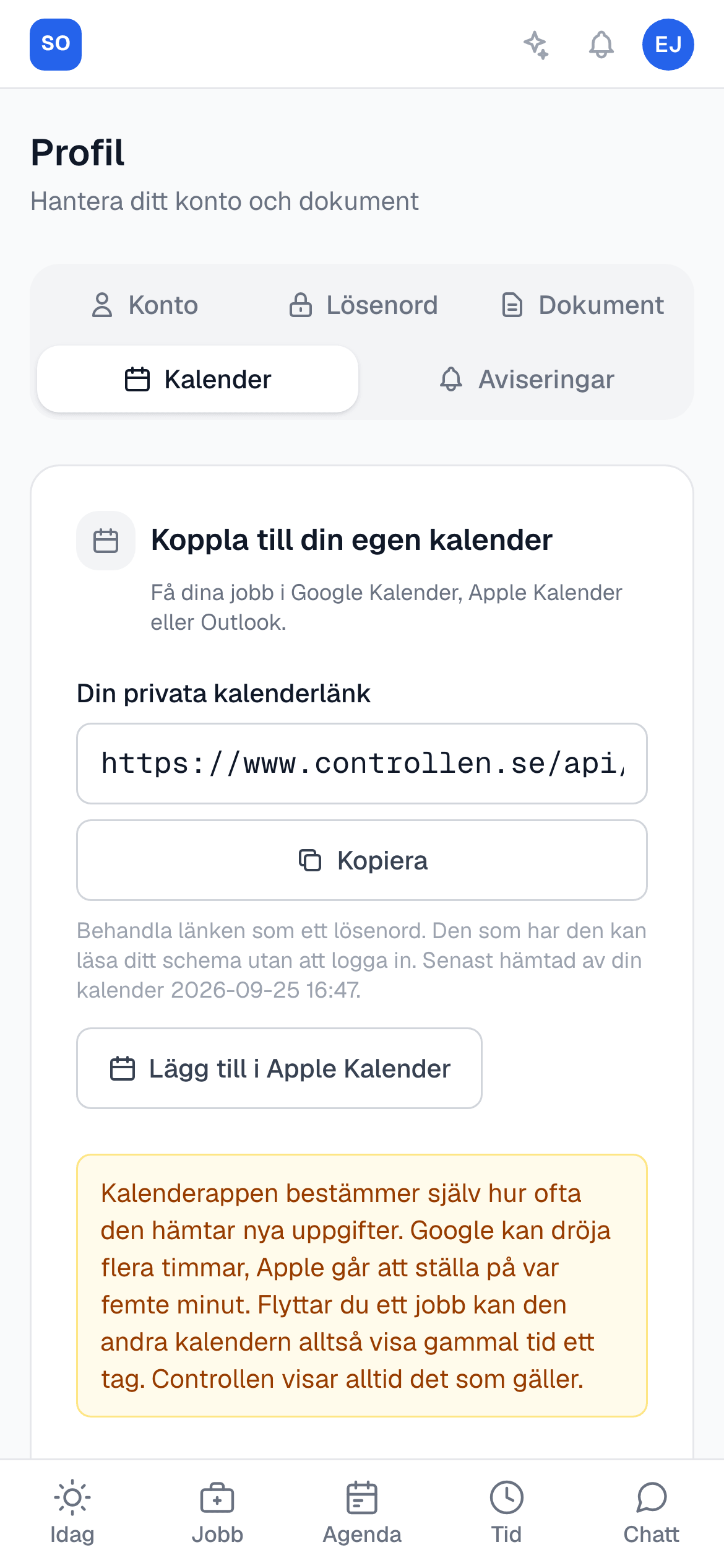 Fältarbetarens profil i mobilen med kalenderlänken och knappen Lägg till i Apple Kalender