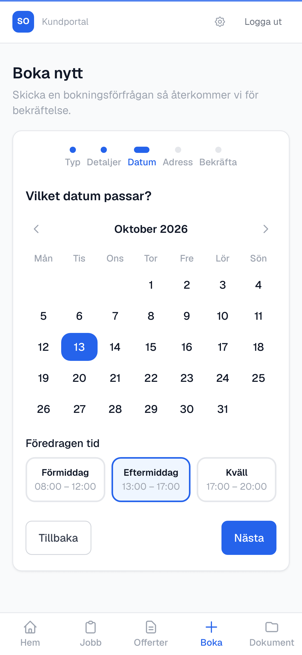 Boka nytt i kundportalen på mobilen, med val av datum och tid på dagen