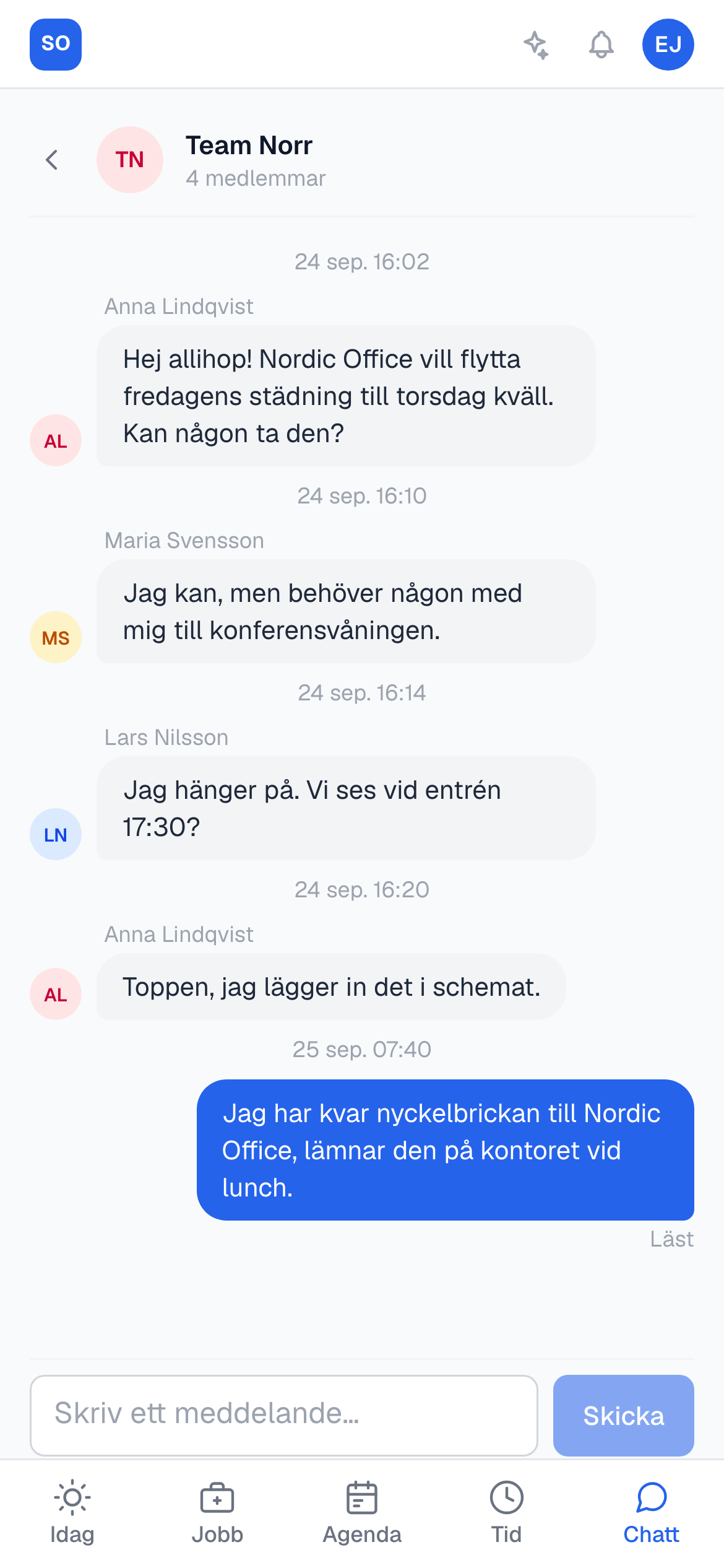 En gruppchatt i fältarbetarens mobil med Läst under det senaste meddelandet