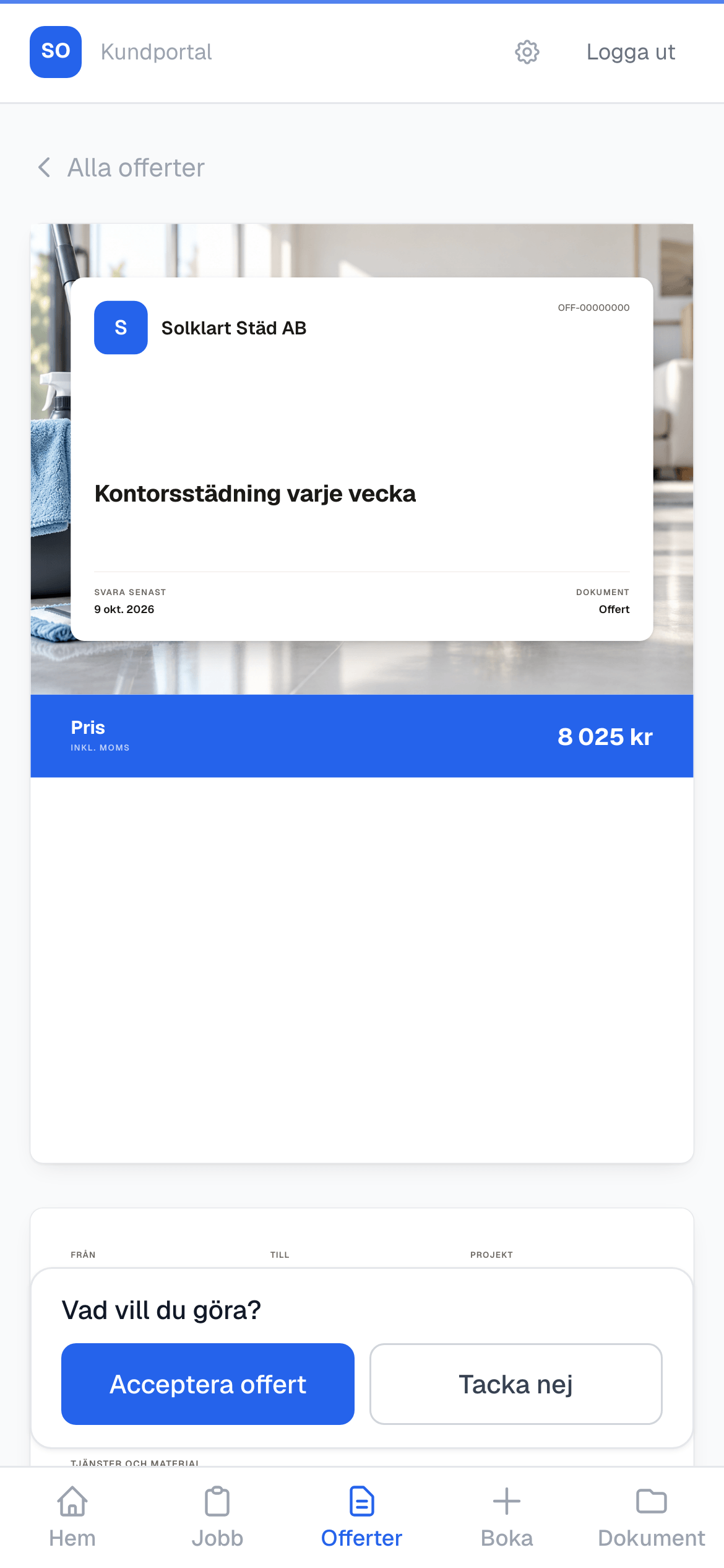En offert i kundportalen i mobilen med knapparna Acceptera offert och Tacka nej