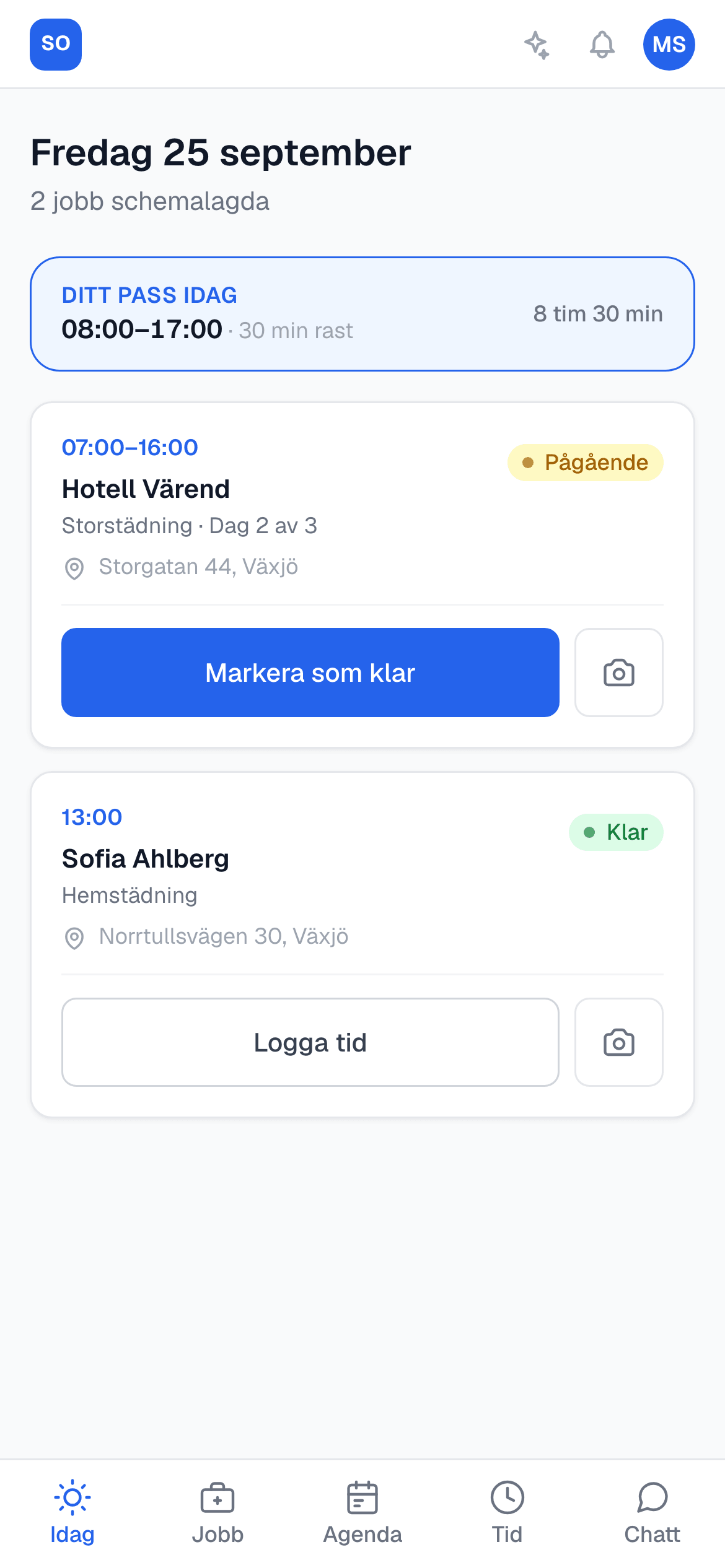 Idag i fältarbetarens mobil med kortet Ditt pass idag ovanför dagens jobb