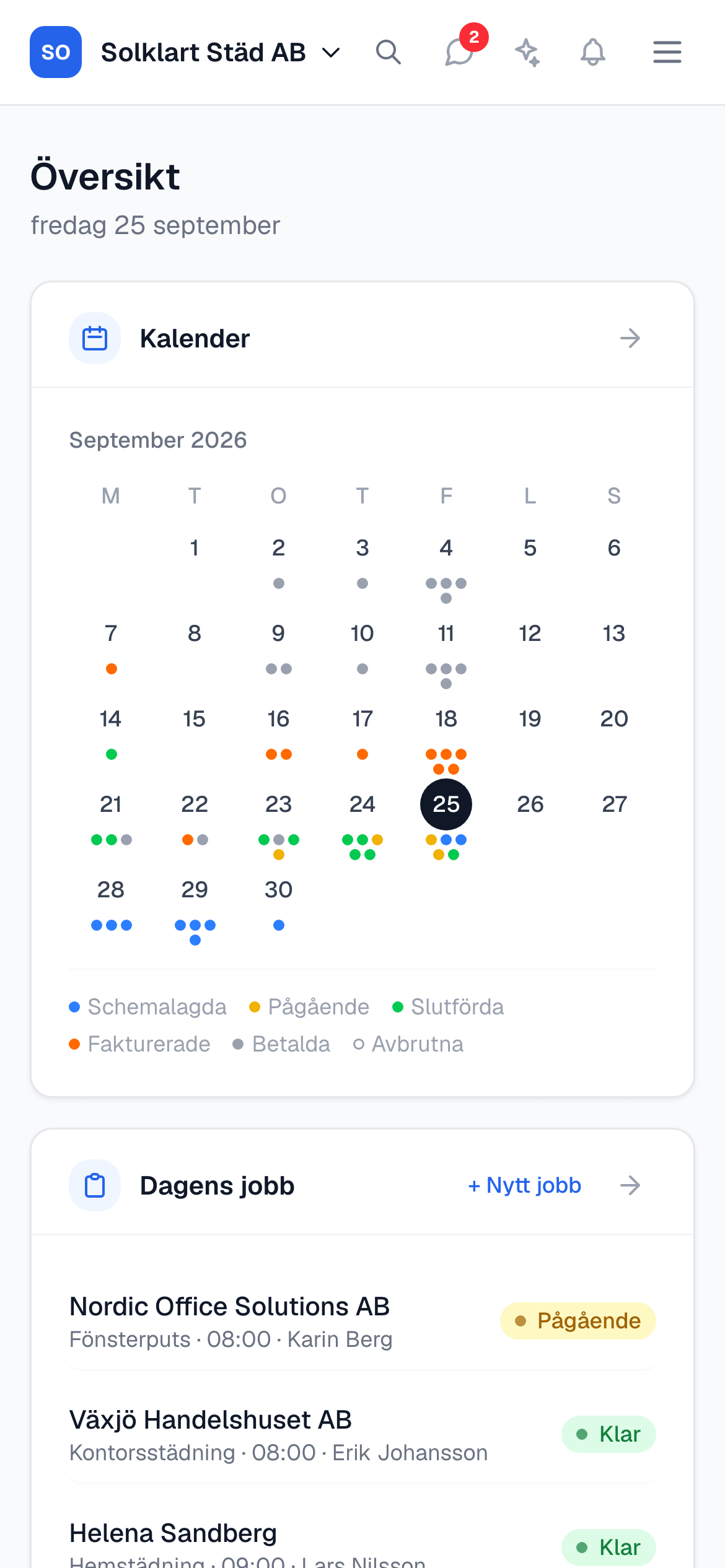 Översikten i Controllen på en mobil, med dagens jobb och menyknappen