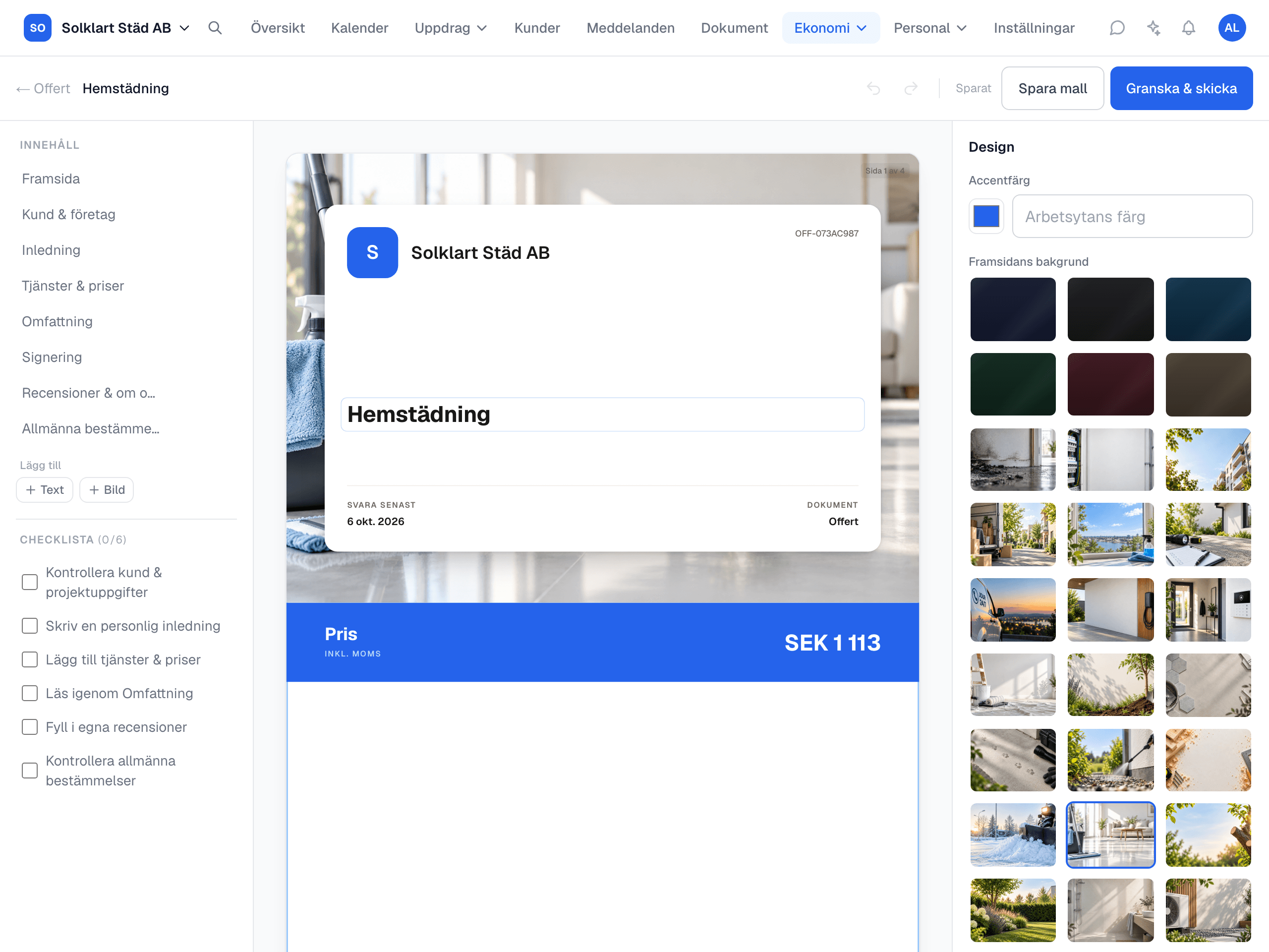 Offertredigeraren i Controllen med framsidan av en offert för hemstädning och panelen för design