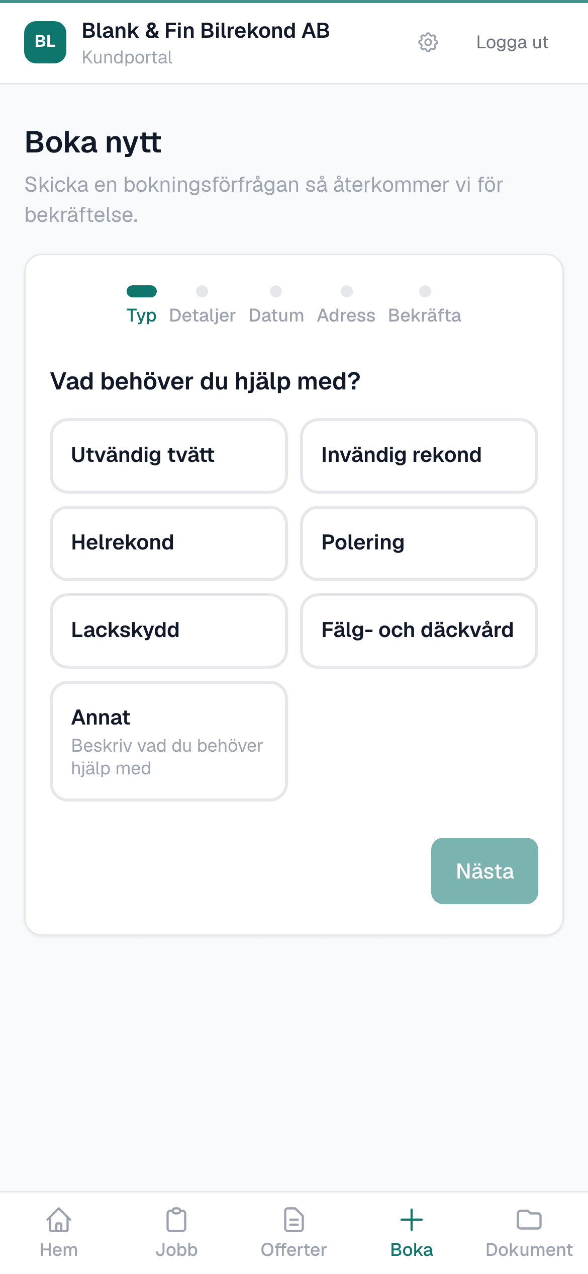 Kundportalen i mobilen där kunden bokar och väljer bland företagets egna jobbtyper