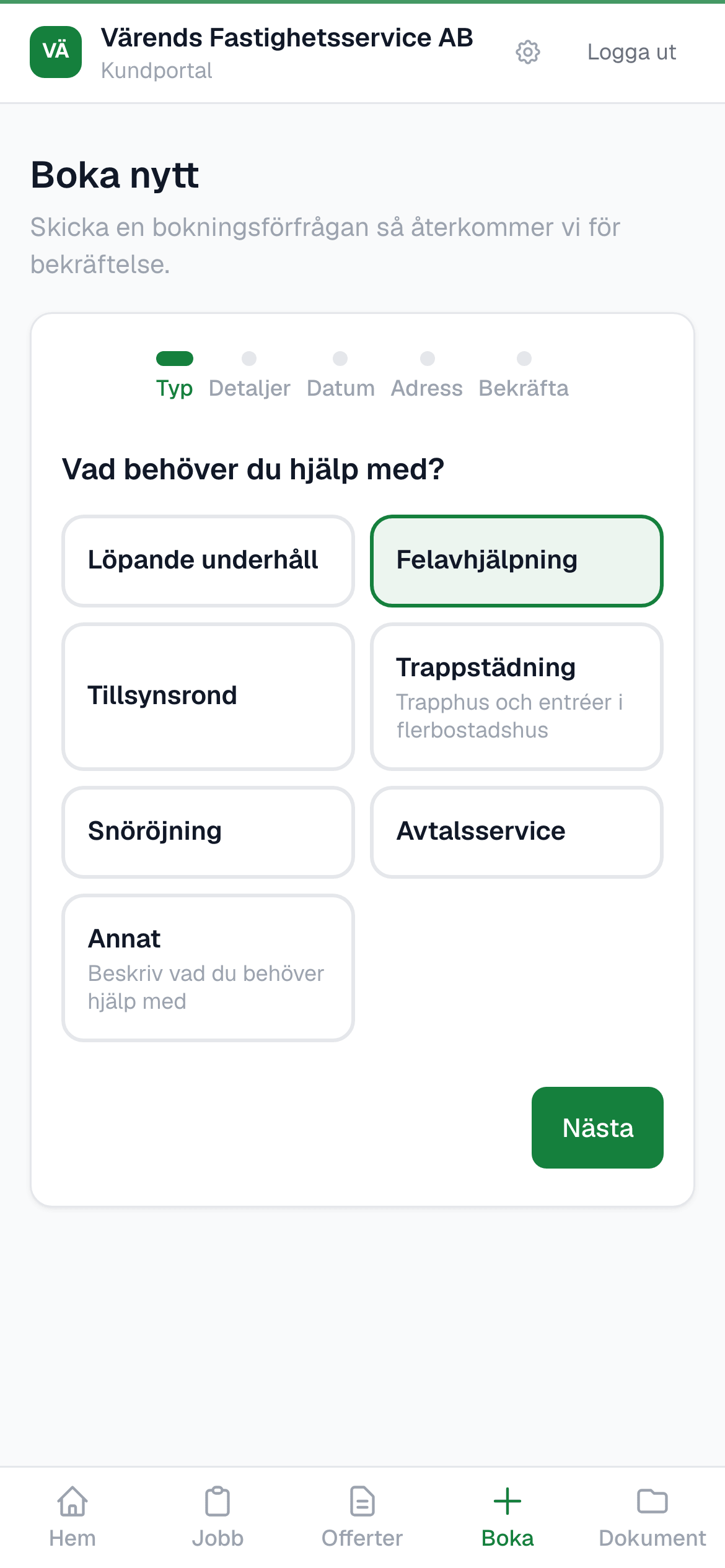 Kundportalen i mobilen där en bostadsrättsförening beställer felavhjälpning