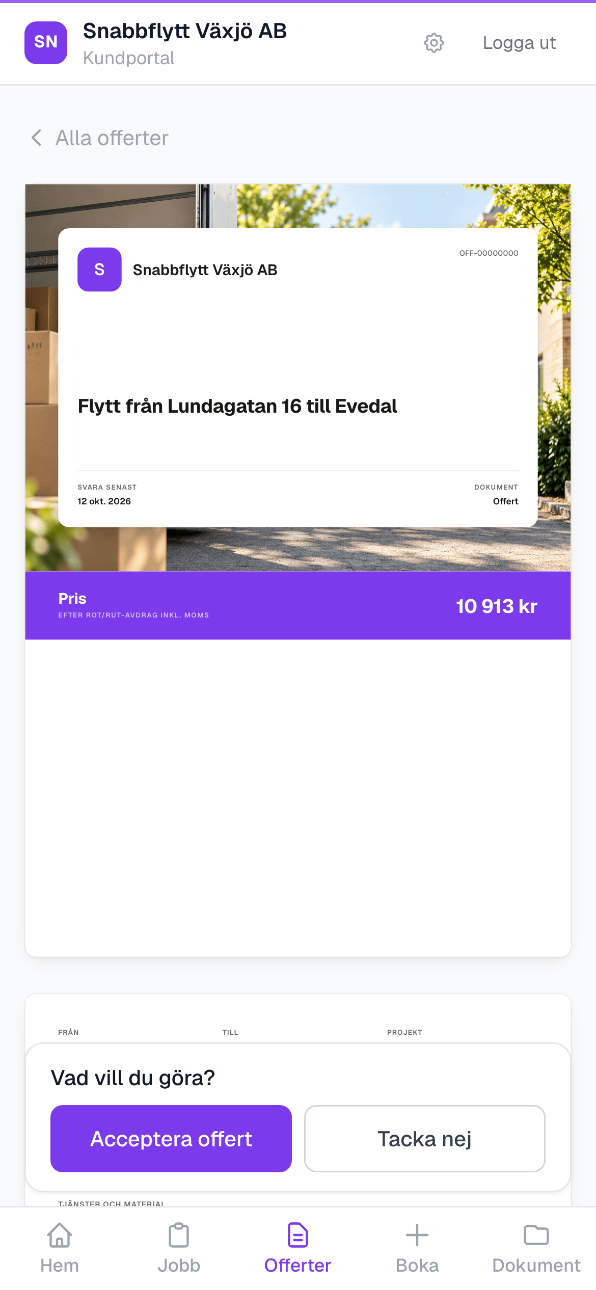 En flyttoffert i kundportalen i mobilen med knapparna Acceptera offert och Tacka nej