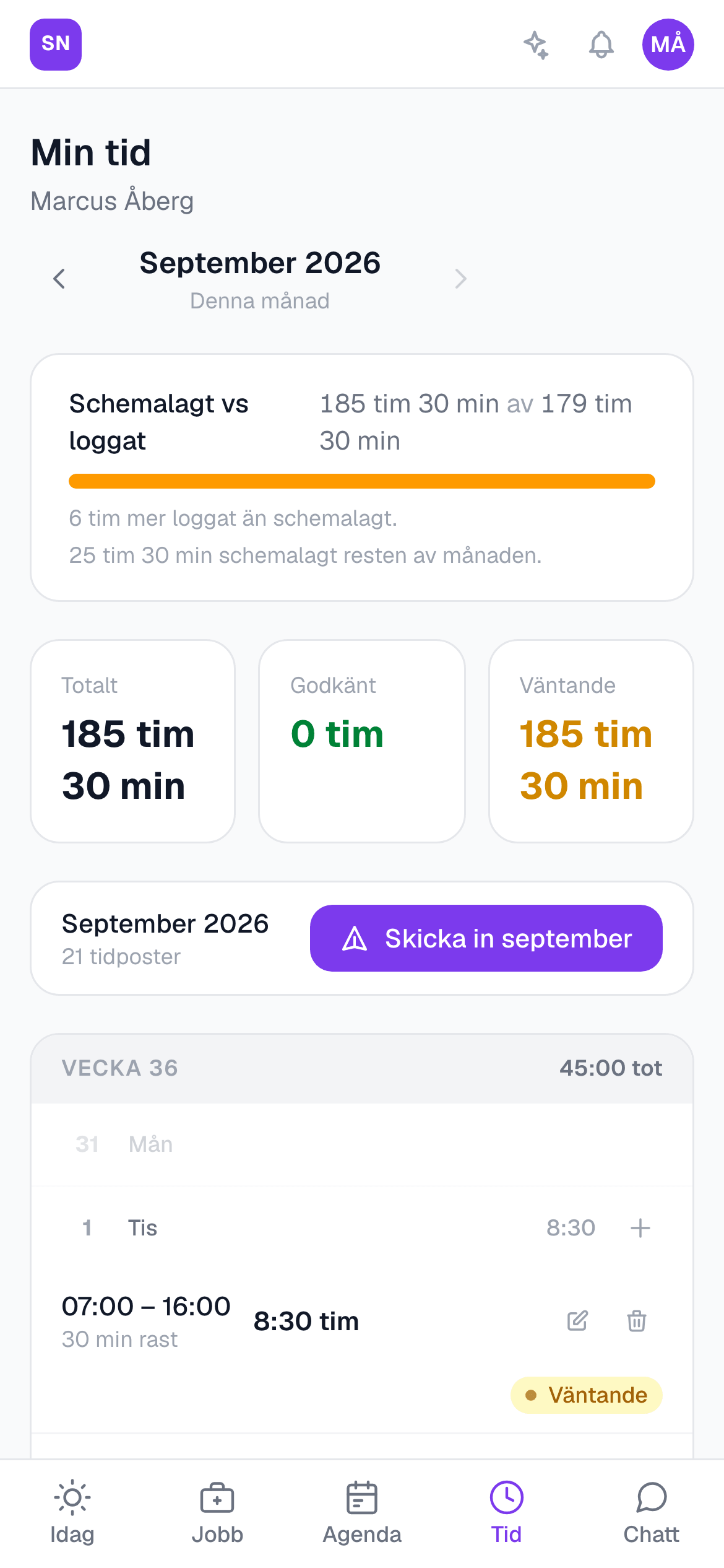 Tidrapporten för en flyttare med tid per dag och Skicka in månaden