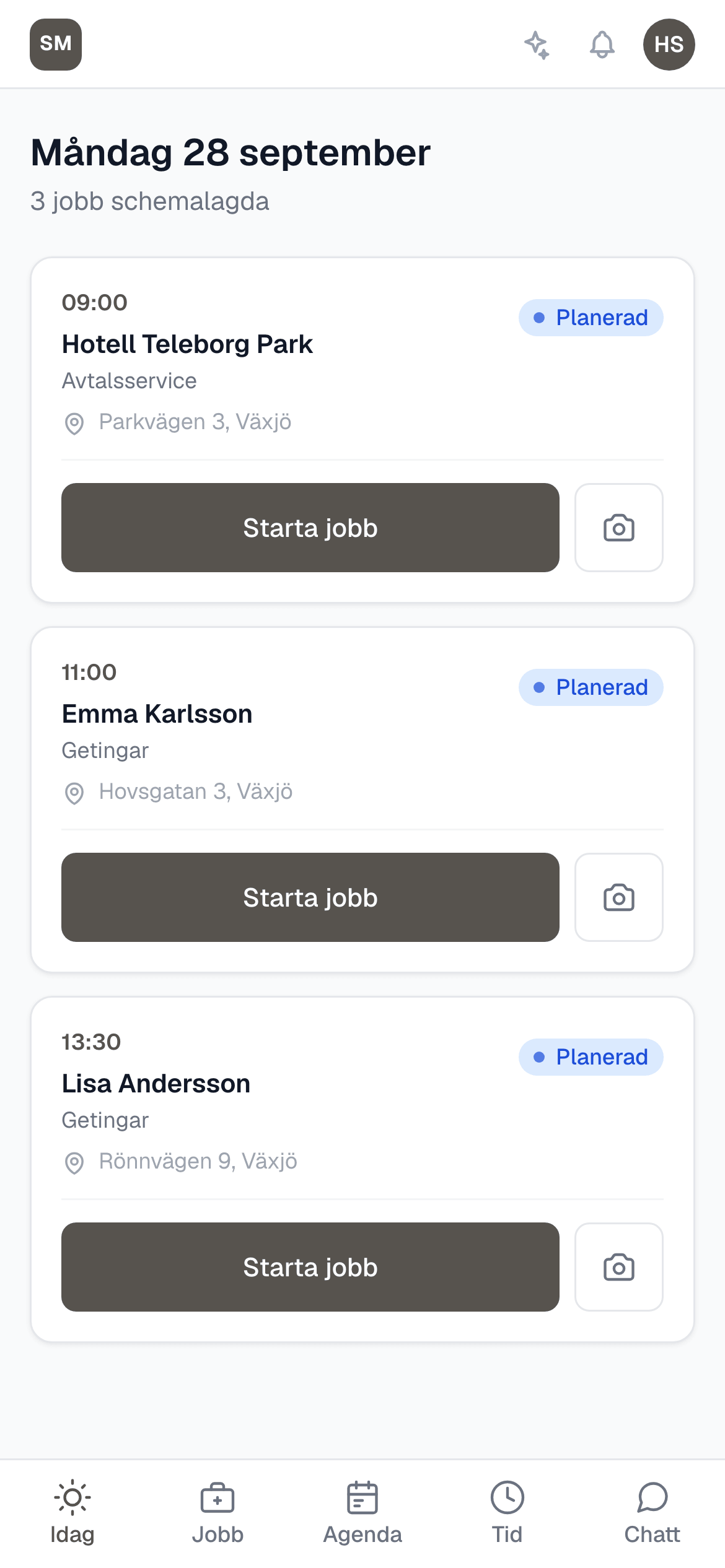 En teknikers dag i mobilen med dagens skadedjursjobb och knappen Starta jobb