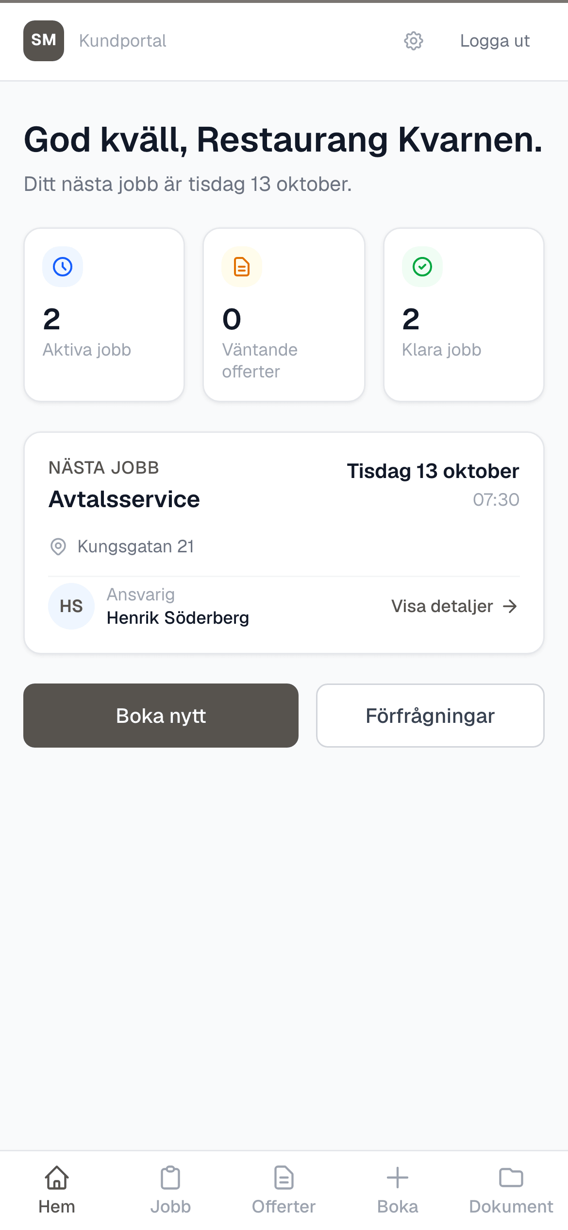 Kundportalen i mobilen med kundens nästa kontroll och ansvarig tekniker
